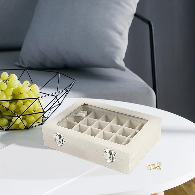 Velvet Jewelry Box 24 Grid Jewelry Earrings Display Organiser Box Ring Tray Holder Earrings Storage Case for Girls Women Wife Mom (Beige)