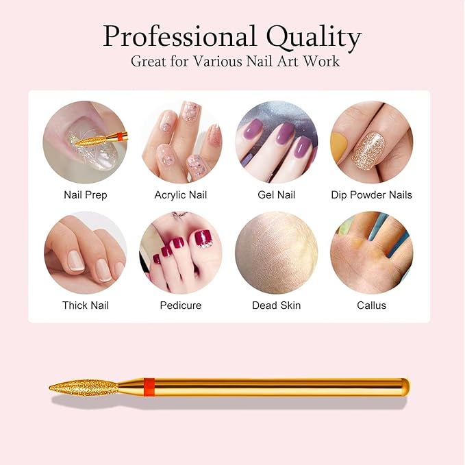 10pcs Diamond Flame Titanium Cuticle Drill Bits Set, Professional Cuticle Nail Drill Bits for Dead Skin 3/32'' Nails Dry Manicure Pedicure Shape Remove Nail Salon Tools(Gold, Fine-F)