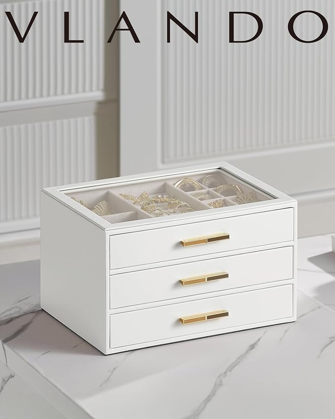 Vlando Jewelry Box for Women, Glass Lid Jewelry Organizer with 3 Drawers for Necklaces Rings Earrings Bracelets Christmas Gift - White