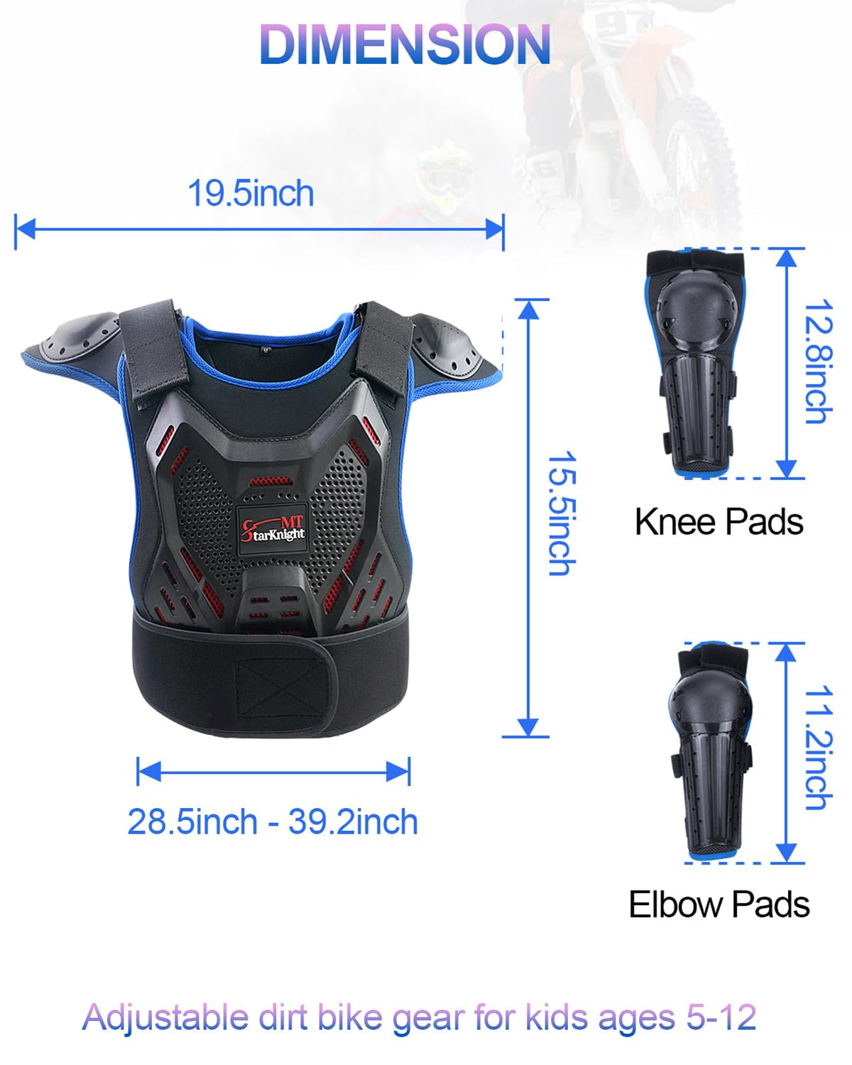 StarknightMT Kids Dirt Bike Gear - Youth Motorcycle Gear Riding Protective Motocross Armor Suit Chest Protector for 5-12 Boys Girls Biking Cycling Skating Off-Road, Blue