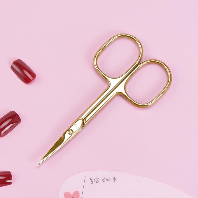 LIVINGO Stainless Steel Cuticle Nail Scissors, Premium Sharp Curved Blade Multi-purpose Sharp Cuticle Eyebrows Manicure Pedicure Beauty Grooming Scissors with Case, 3.5" Gold