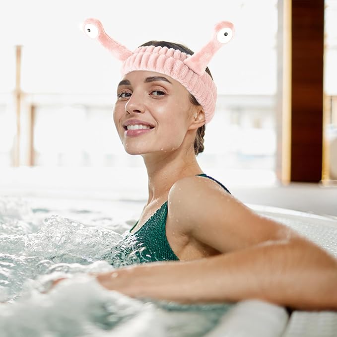 Face Wash Headband, Palm and Snail Spa Hair Bands Makeup Headbands Women Cartoon Cute Coral Fleece Elastic Headband Creative Hair Accessories for Washing Face Shower Sports (Light pink)