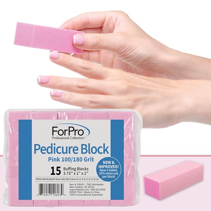 ForPro Pink Pedicure Block, 100/180 Grit, Three-Sided Pedicure Nail Buffer, 3.75” L x 1” W x 1” H, 15-Count (Pack of 2)