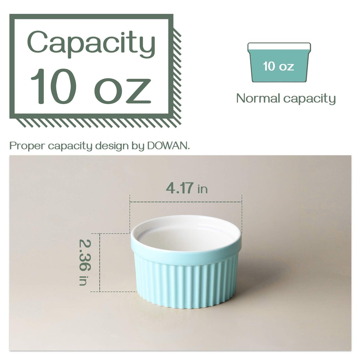 DOWAN 10 oz Porcelain Ramekins - Oven Safe for Creme Brulee & Souffle, Classic Style Baking Bowls, Set of 6, Blue