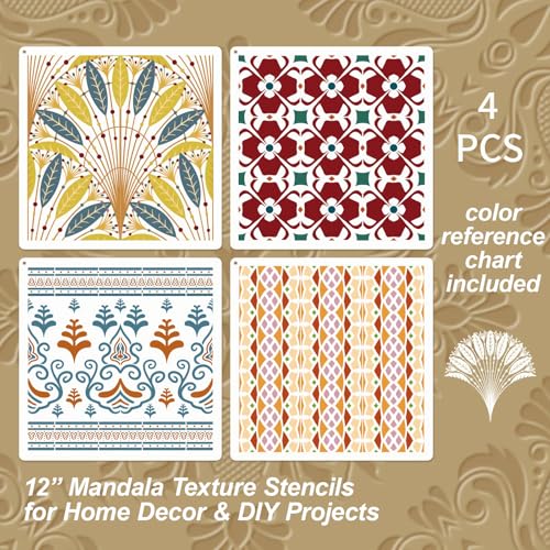 Wall Stencils for Painting Large Pattern, 4PCS 12 Inch Reusable Stencils for Crafts, Exquisite Mandala Designs for Wall Furniture Home Decor, DIY Art Projects