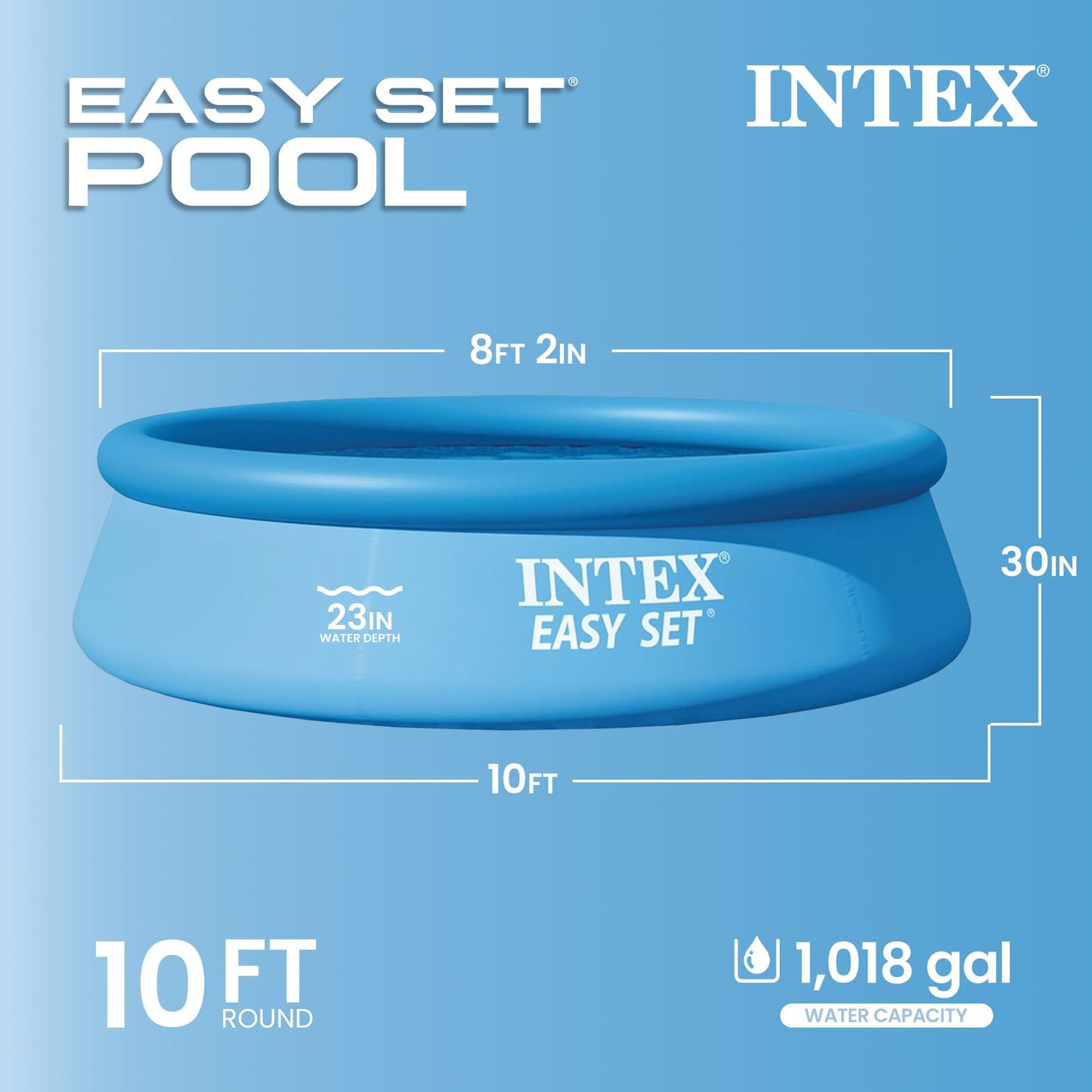 Intex 28120EH Easy Set Inflatable Swimming Pool: 10ft x 30in – Puncture-Resistant Material – Quick Inflation – 1018 Gallon Capacity – 23in Water Depth