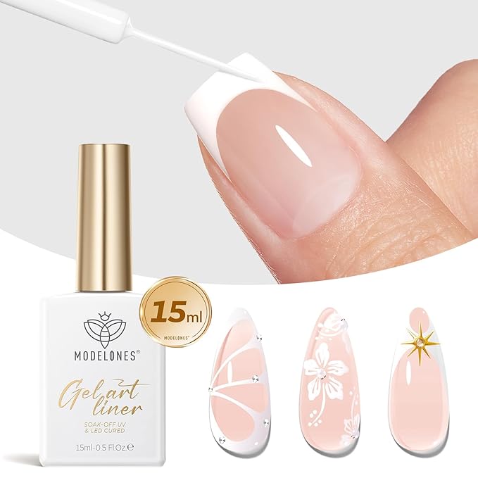 modelones White French Tip Liner Gel Polish, 15 ML Classic Color Nail Art Paint Swirl with Upgraded Fine Line Brush Soak Off U V DIY Home Salon Professional Manicure Design Gift for Women