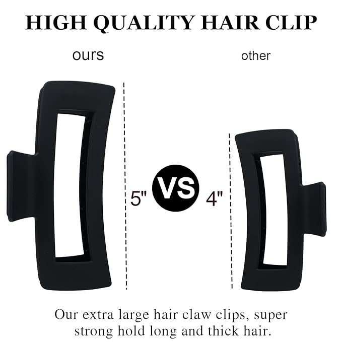 4 Pack Extra Large Hair Claw Clips for Women, 5'' Hair Clips for Thick and Long Hair, 90's Non-slip Square Jaw Clips for Curly Hair, Strong Hold Matte Hair Clamps (Black)