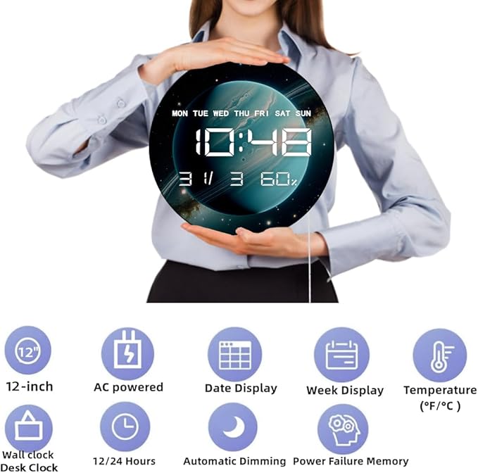 Timethink 12'' Planet Uranus Digital Wall Clock Large Display, Space Solar System Smart Wall Clock Electric Clock with Temperature, Date, 12/24hrs, Automatic Dimming, Plug in LED for Living Room