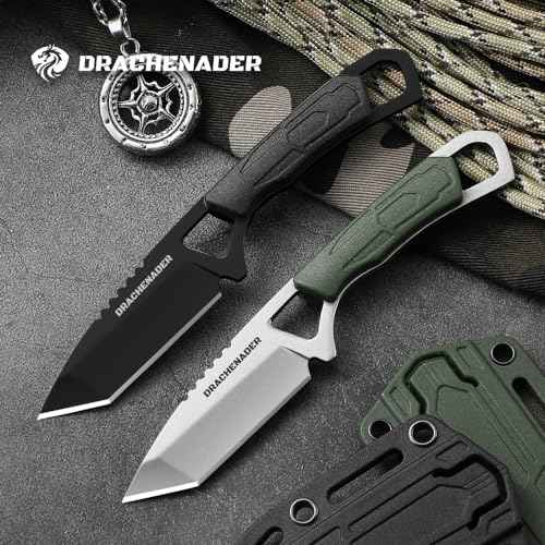 Neck Knife, Tanto Small Fixed Blade Knife 5cr13mov Stainless Steel Neck Knife with Sheath and Necklace Plactic Mini Small Edc Knife for Men and Women, Full Black