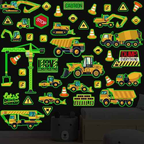 Glow in The Dark Construction Wall Decals, 39 Pcs Luminous Cartoon Wall Stickers Decals Glowing Self-Adhesive Truck Car Excavator Stickers for Ceiling Decor Nursery Bedroom Playroom Decor Boys Gifts