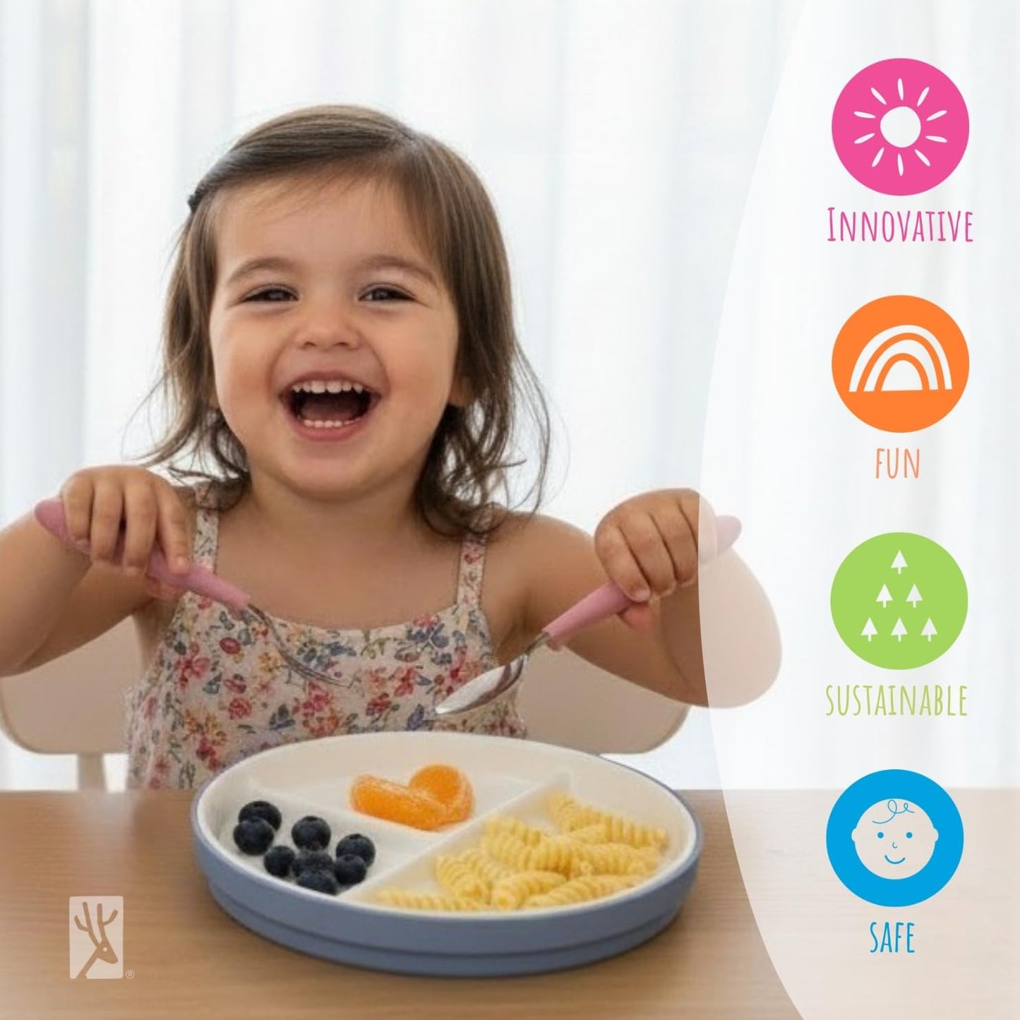 Elk and Friends Kids 7.8” Porcelain White Plates with Silicone Sleeves | Divided Plates | Suitable for Kids/Toddlers | Microwave & Dishwasher Safe | Non Slip | Snack Dishes…