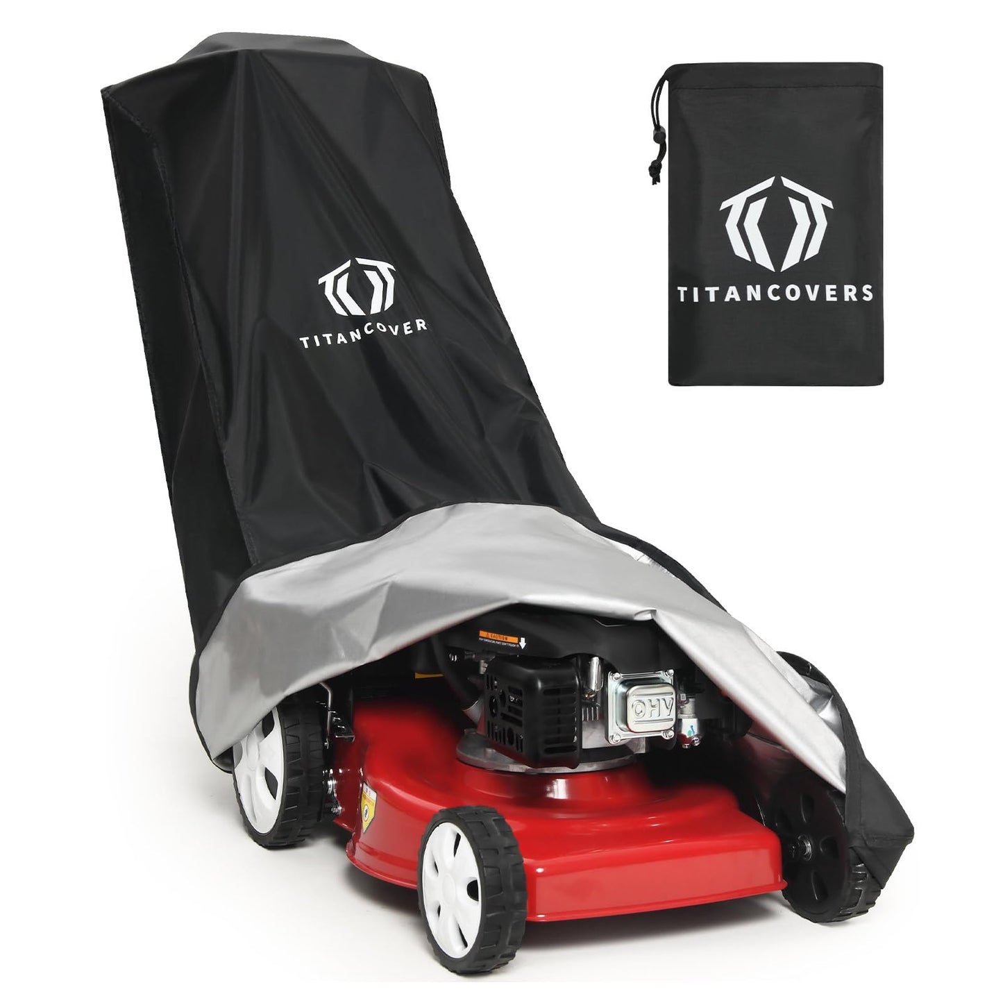 TitanCovers Lawn Mower Cover with PA Coating & Double Drawstring & Storage Bag, Heavy Duty 600D Polyester Oxford Push Mower Cover, Waterproof Lawnmower Covers for Outdoor