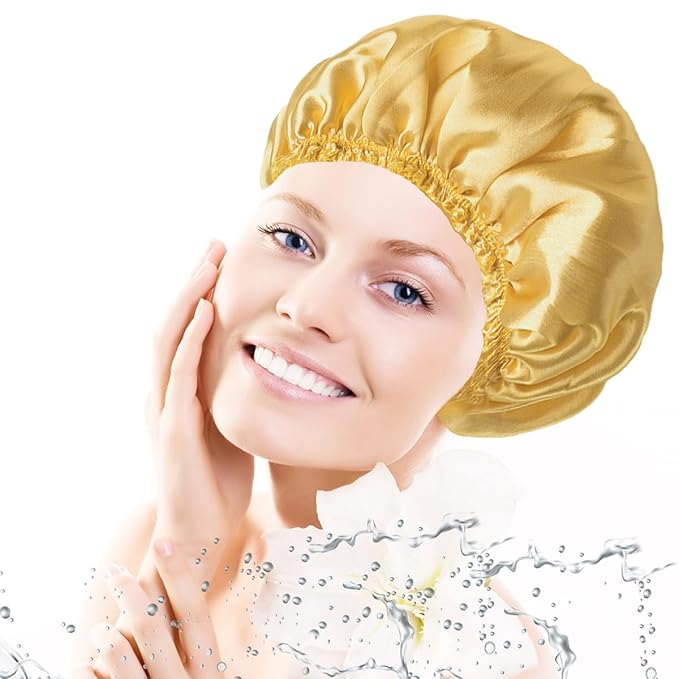 4 PCS Shower Cap for Women, Elastic and Reusable Bath Caps, Double Layers Shower Caps Reusable Waterproof, Bathing Shower Caps, Environmental Bath Hair Protection Cap -Gold+Green+Silver Gray+Brown