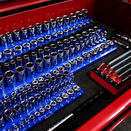 Olsa Tools Magnetic Socket Organizer (3/8-Inch Drive, 3 Row) - Magnetic Tool Organizer & Socket Holder - Tool Box Socket Organizers - Metric Blue - Holds 54 Sockets - Professional Grade - Part: 1556