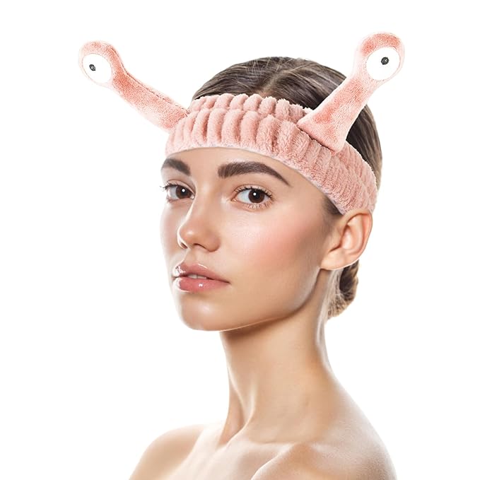 Spa Headband Facial Makeup Head Band Microfiber Soft Coral Fleece Head Wraps Snail Cartoon Cute Hair Accessories Elastic Skincare Hair Band for Women Girls Washing Face Beauty (Pink)