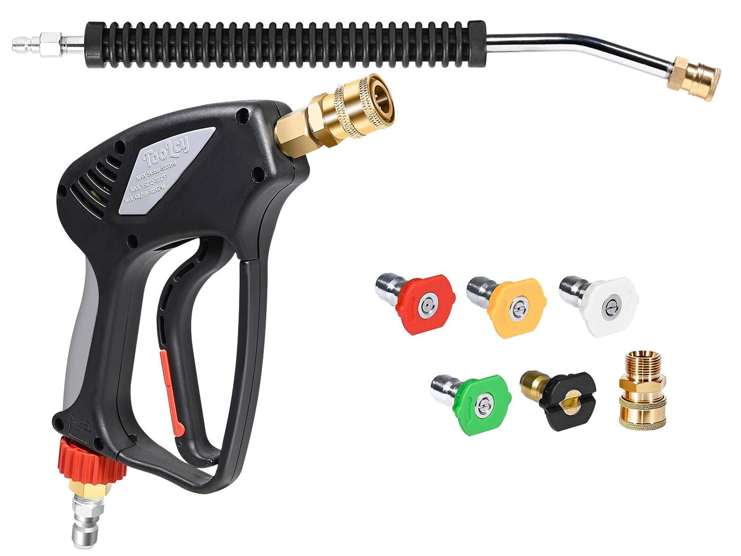 TOOLCY Pro Pressure Washer Gun and Wand, 5000 PSI High Pressure Washer Gun with 18" Curved Extension Wand, 360° Swivel, 1/4" Quick Connect Outlet, Includes 3/8" QC to M22-14mm Adapter & 5 Nozzle Tips