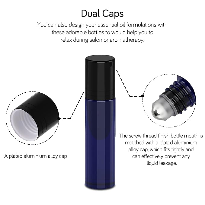 PrettyCare 60 Pack, Bulk 10 ml Essential Oil Roller Bottles with Stainless Steel Roller Ball - Bulk Refillable Leak-proof Empty Thick Blue Glass Roll on Bottles with Black Caps for Travel, Perfume