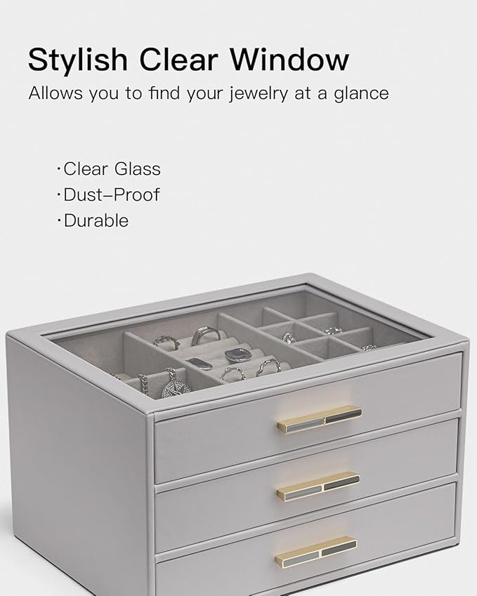 Vlando Jewelry Box for Women, Glass Lid Jewelry Organizer with 3 Drawers for Necklaces Rings Earrings Bracelets - Grey