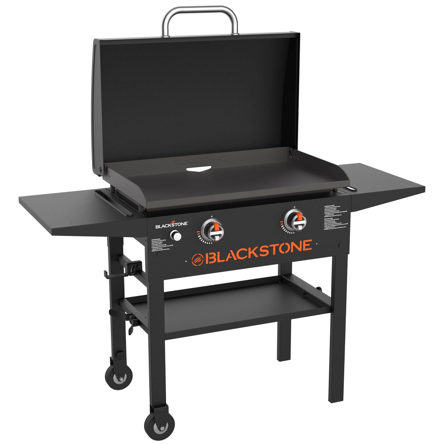 BLACKSTONE 1883 Original 28â Griddle with Integrated Protective Hood and Counter Height Side Shelves, Powder Coated Steel, Black