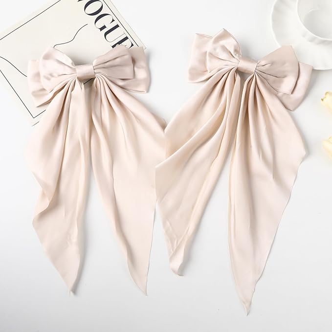 2PCS Big Hair Bow Clips for Women Girls â Rose Satin Ribbon Bow Barrettes with Long Tails, Large Romantic Hair Accessories for Ponytail, Wedding & Gift