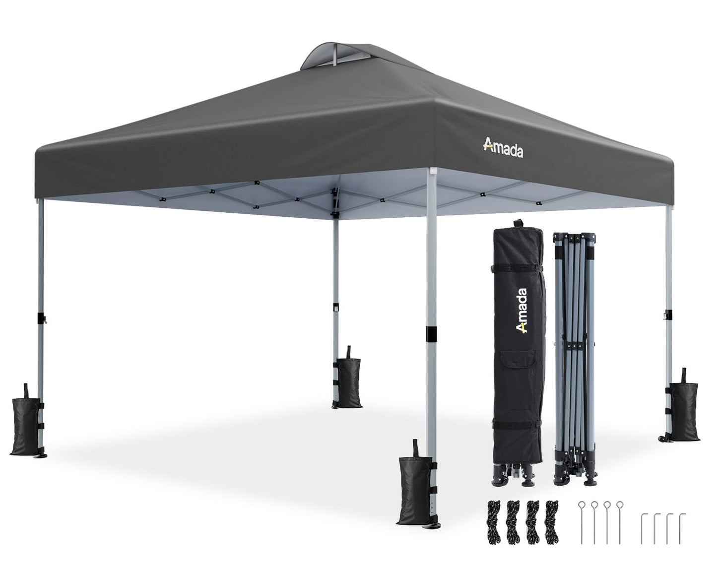 Amada 12x12 Pop Up Canopy - Center Lock One Push Instant Setup Wheeled Gazebo Outdoor Canopy Beach Tent with STO-N-Go Bag 8 Stakes & 4 Sand Bags, 3-Height Adjustable Shade Shelter (12x12ft, Grey)
