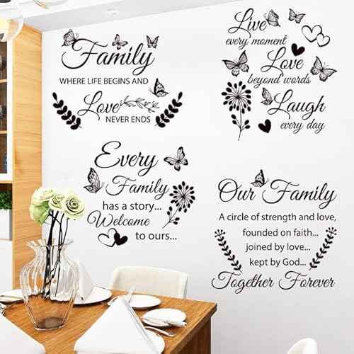 4 Set Family Stickers Vinyl Quote Decals Family Lettering Decals Inspirational Saying Stickers Wall Decor for Living Bedroom Wall Decorations