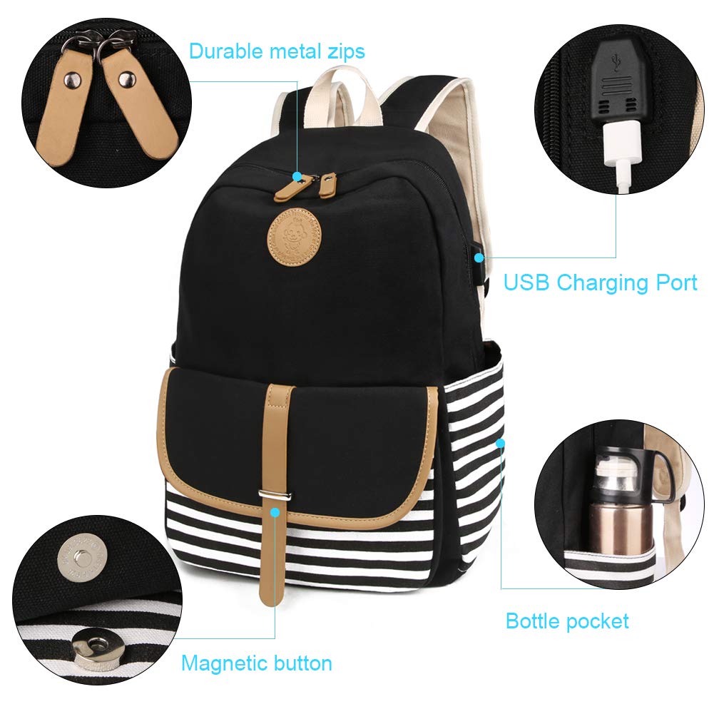 SCIONE Backpacks for Women Teen Girls, Big Kid Large Capacity Book Bag with USB Charger Port,Cute Canvas Bookpack -Durable Black Stripe Backpack,Travel Laptop Backpack,Back to School Gift for Girls