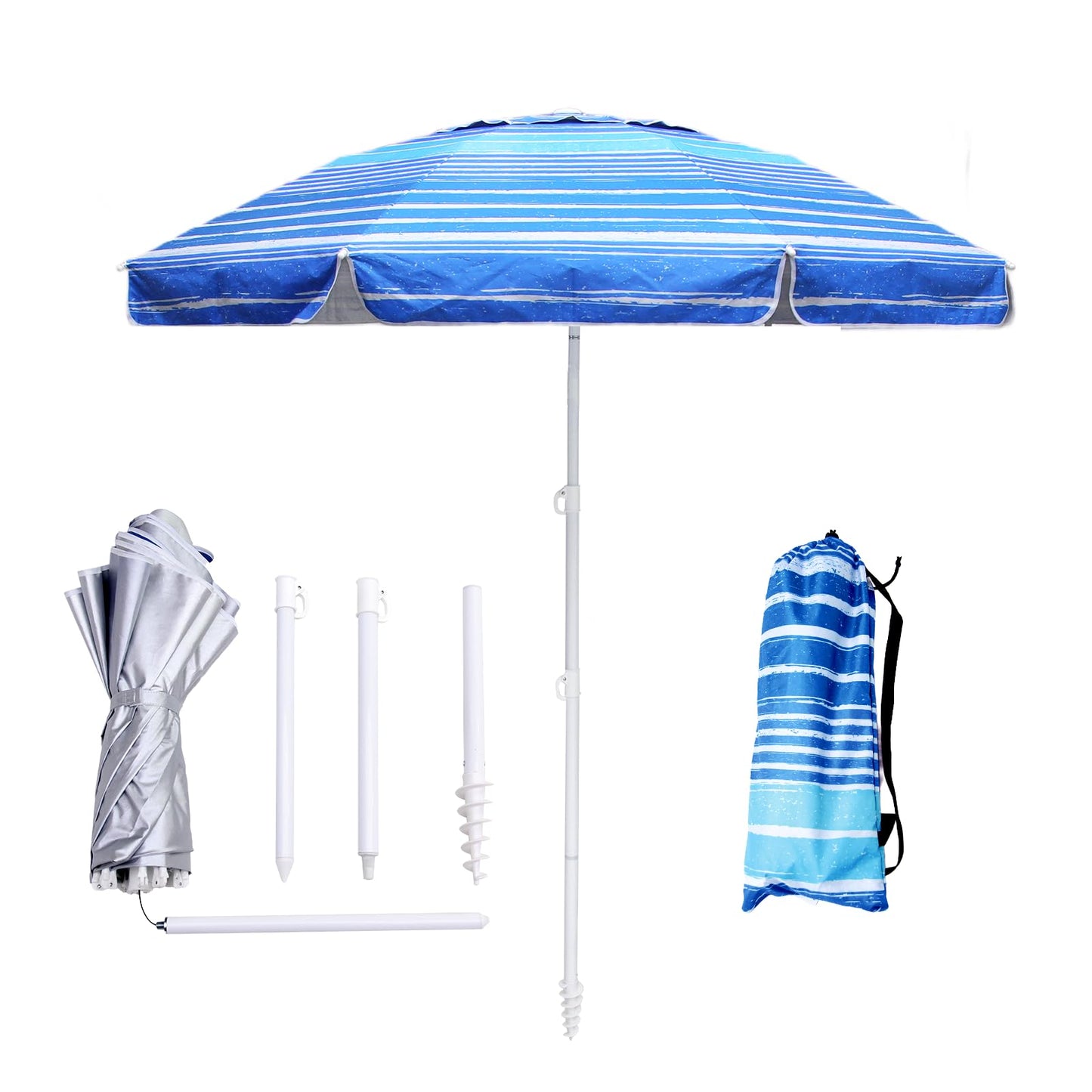 LOTTAFUN 6.5ft Beach Umbrella - Heavy Duty Wind Resistant UV 50+ Portable Sun Shade with Sand Anchor & Carry Bag, Outdoor Folding Umbrella for Beach, Pool, Patio, Garden (Blue Stripe) No Tilt
