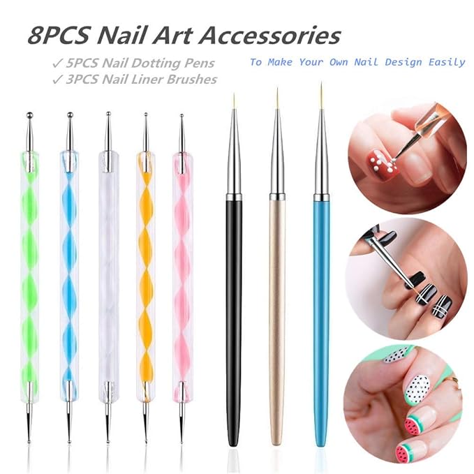 5PCS Dotting Pens with 3 PCS Nail Painting Brushes, Nail Art Design Tools