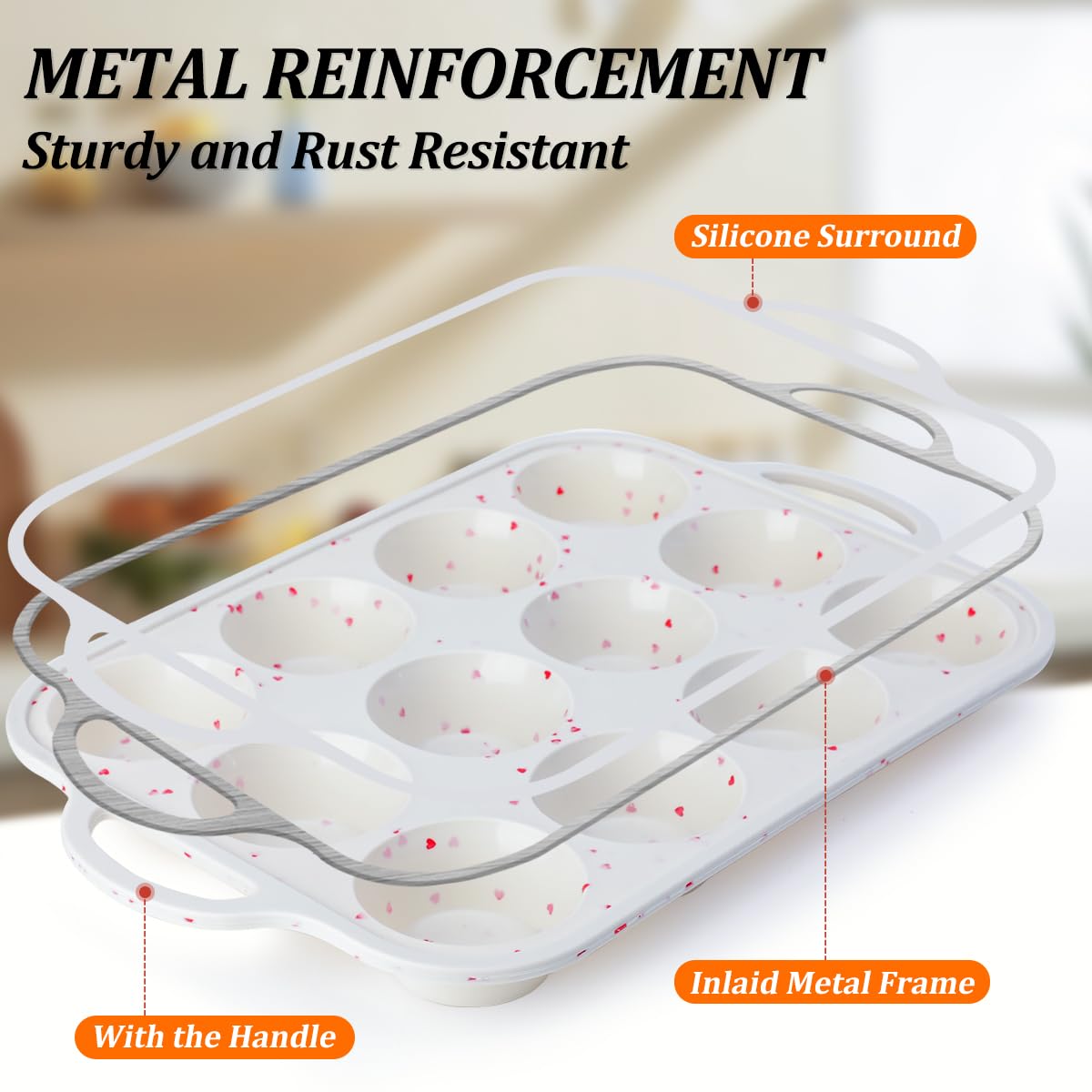 CAKETIME Regular Size Muffin Pan with Metal Reinforced Frame, Silicone Cupcake Pan Easy to Handle Nonstick 12 Cups Silicone Muffin Pans for Baking BPA Free 2 Pack