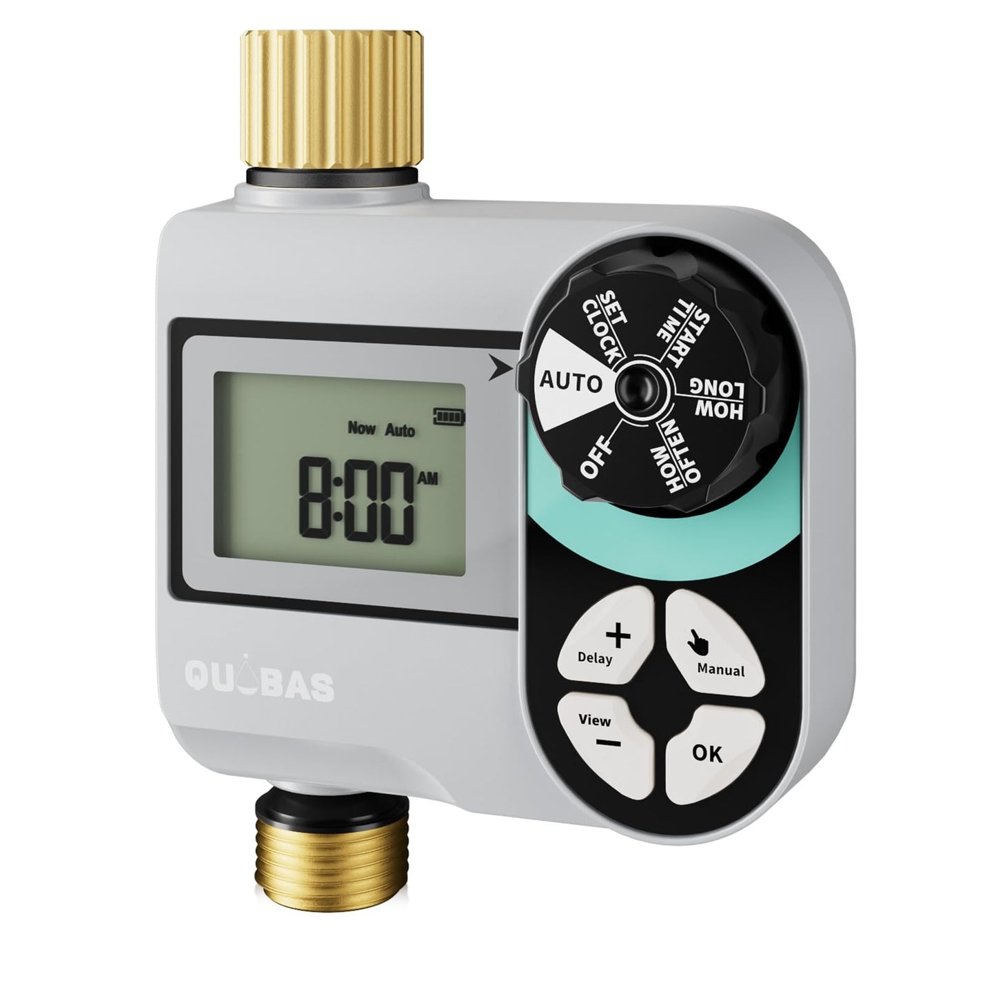 QUOBAS Brass Sprinkler Timer, Programmable Water Hose Timer for Garden Hose Faucet with Waterproof HD Screen, Rain Delay/Manual/Automatic Irrigation Watering System for Garden, Lawn, Yard