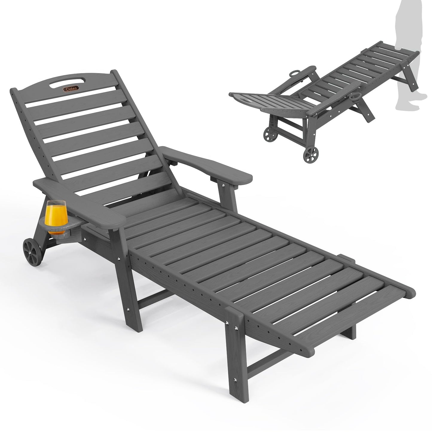 Ciokea Lounge Chair Outdoor, Oversized Chaise Lounge Chair with 5 Positions, HDPE, Patio Lounge Chair with Wheels & Cup Holder for Pool, Deck, Poolside, Dark Grey