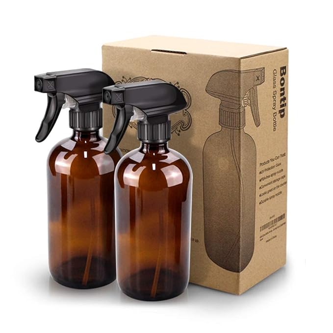 Bontip Glass Spray Bottle, Amber Glass Spray Bottle Set & Accessories Refillable for Plants Window Cleaners Aromatherapy Facial Hydration Watering Flowers Hair Care (2 Pack/16 oz) (Amber)