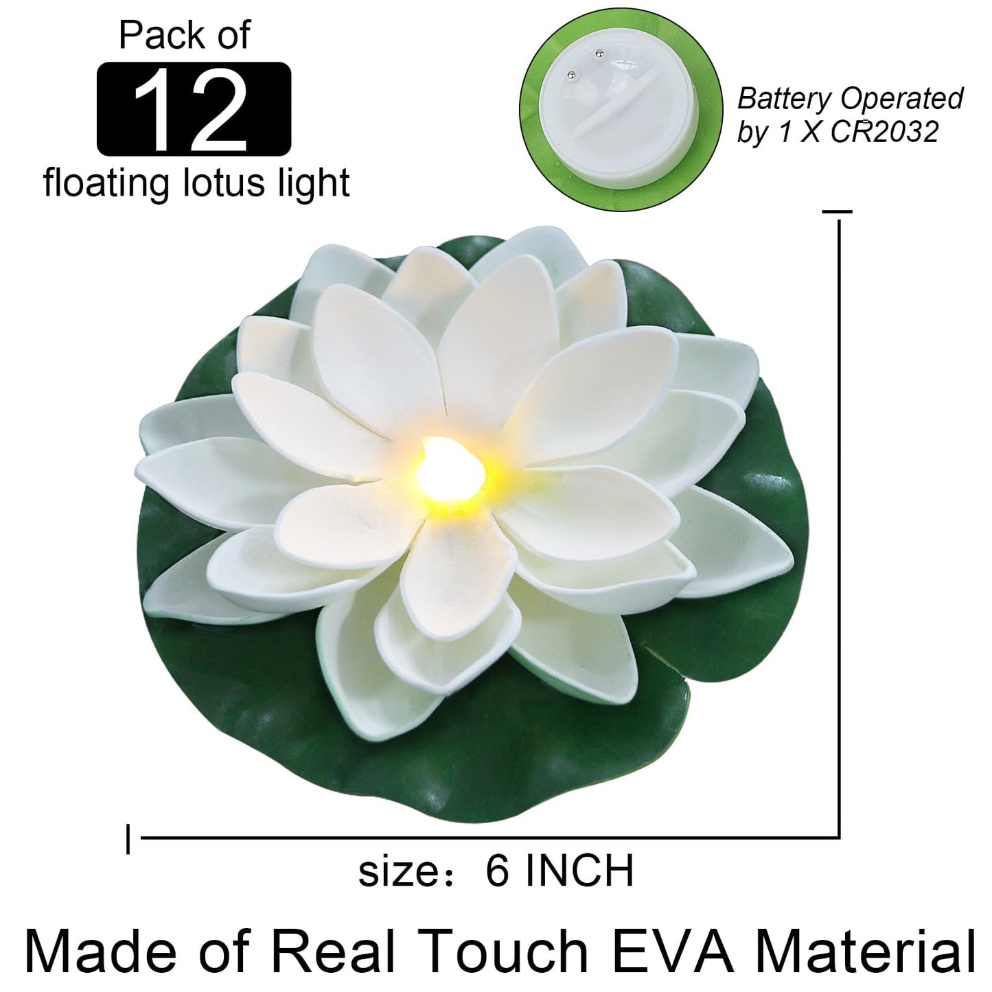 LACGO 12 PCS Waterproof Floating Lotus Light - 6'' Floating Flower Light Battery Operated Water Activated Warm White Pool Flower Lamp Wedding Anniversary Garden Decoration(6 Inch, White)