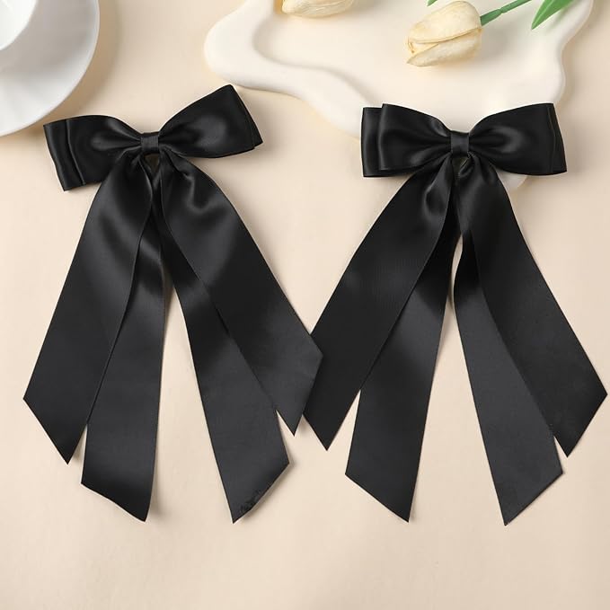 LuSeren 2 PCS Double Layer Hair Bows Black Hair Ribbon Clips Ponytail Holder Accessories for Women Girls Toddlers Teens Kids