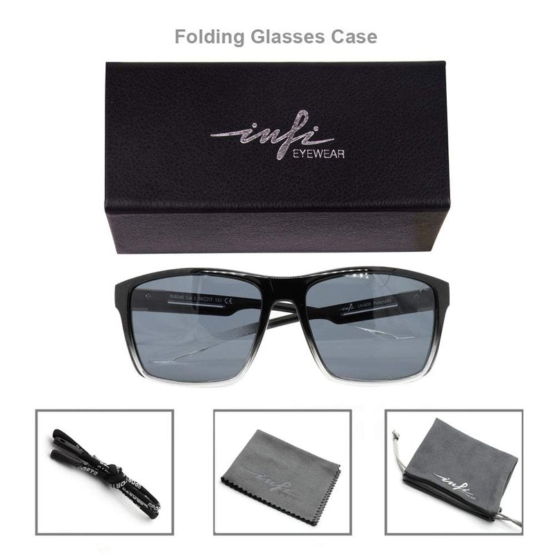 INFI Fishing Polarized Sunglasses for Men Driving Running Golf Sports Glasses Square UV Protection Designer Style Unisex (Shiny Black/Crystal)