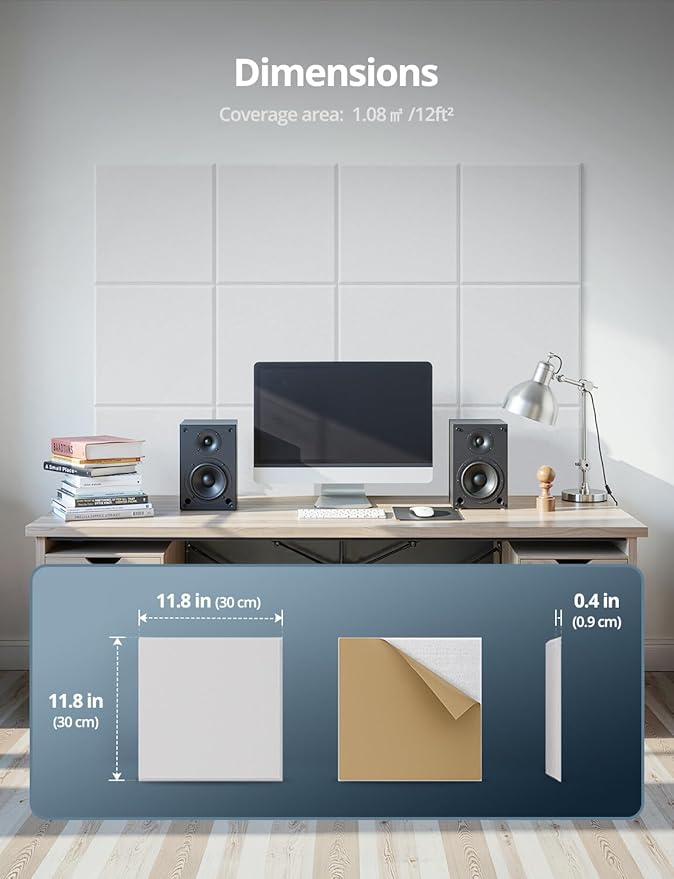 Square Acoustic Wall Panels, Sound Absorbing Panels for Walls, Ceiling, Doors, 12 Pack 12"x12"x0.4" Self Adhesive Decorative White Acoustic Tiles for Recording Studio, Office, Room, Home