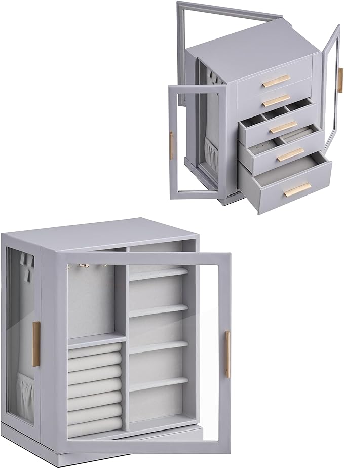 Glimmloop 360ð Rotating Jewelry Box with 5 Drawers, Spacious Vertical Jewelry Organizer with Glass Window, Jewelry Storage Case, Dustproof & Moisture-resistant Design, Grey