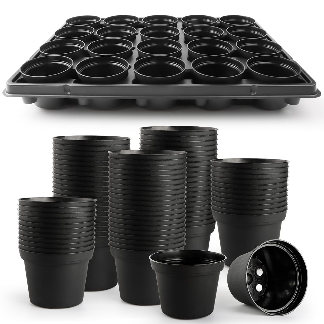 RooTrimmer 3 Inch Plastic Plant Pots 100 Pcs with 5 Pcs 20 Cell Seed Starter Trays, Thick Black Small Nursery Pots and Propagation Shuttle Trays for Seed Starting, Plant Propagation Starter Kit 5 Sets
