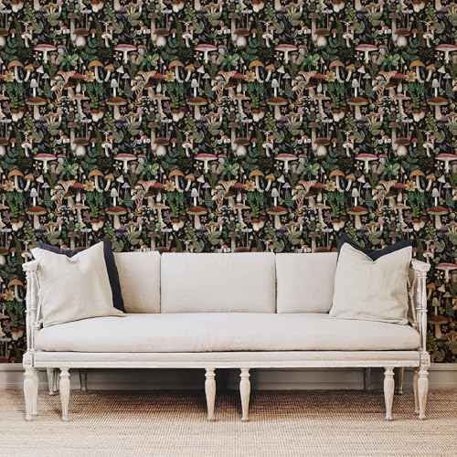 Simon&Siff Mushroom Peel and Stick Wallpaper Black Boho Contact Paper Removable Self Adhesive Wall Paper for Bedroom Bathroom Cabinet Countertop 17.3" x 80"