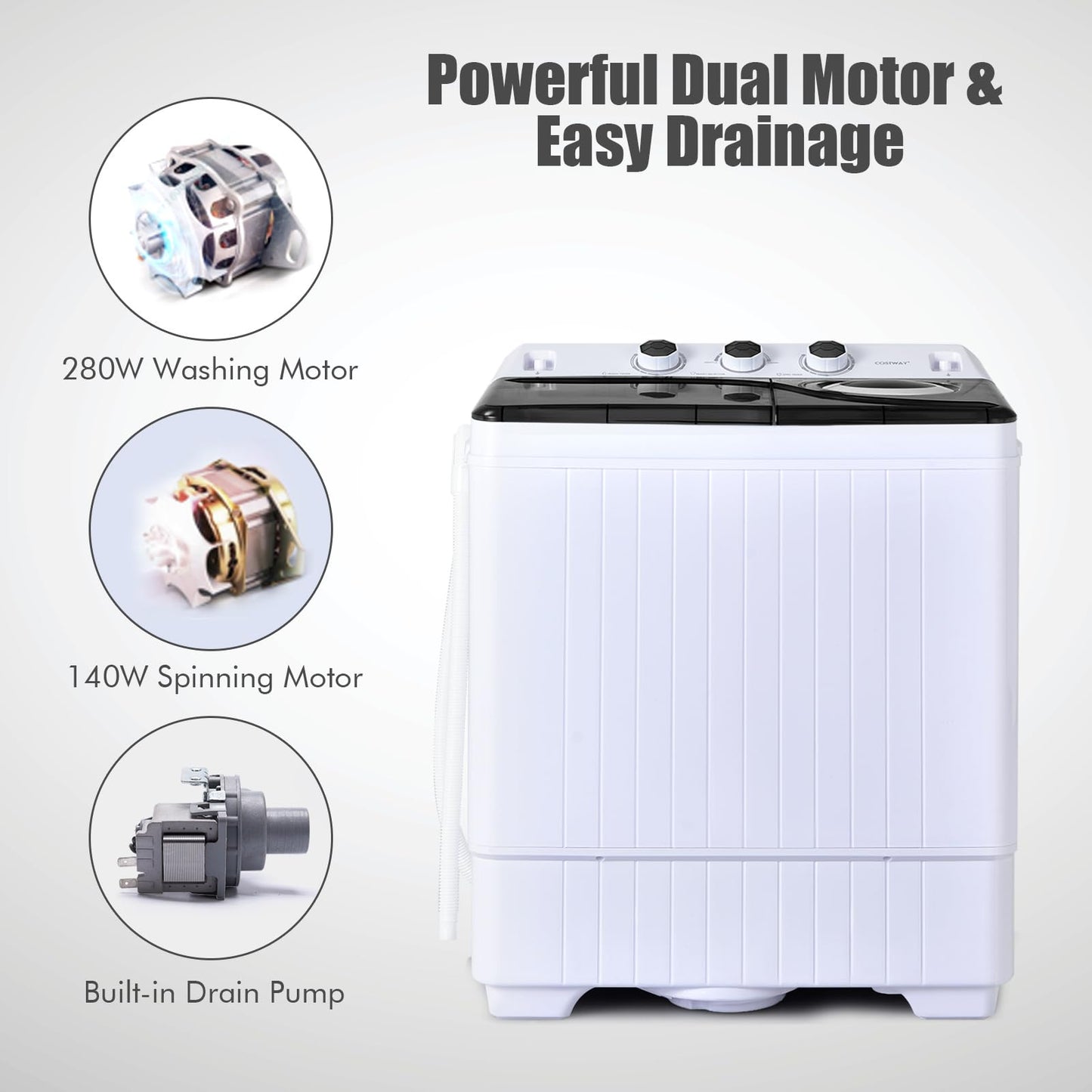 COSTWAY Portable Washing Machine, 2-in-1 Twin Tub 26lbs Capacity Laundry Washer(18lbs) and Spinner(8lbs) with Control Knobs, Timer Function, Drain Pump, Perfect for Home Apartment RV, Black