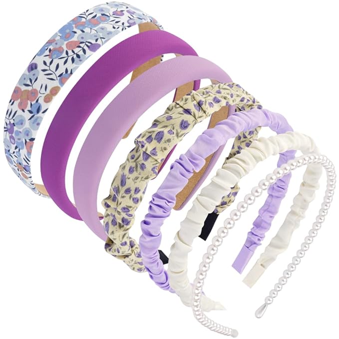 AHONEY 7 Pack Headbands for Girls Women Headbands Trendy Non Slip Hairbands Cute Hair Accessories Multi-style Pearl Headband Pack Diademas Para Mujer (Purple)