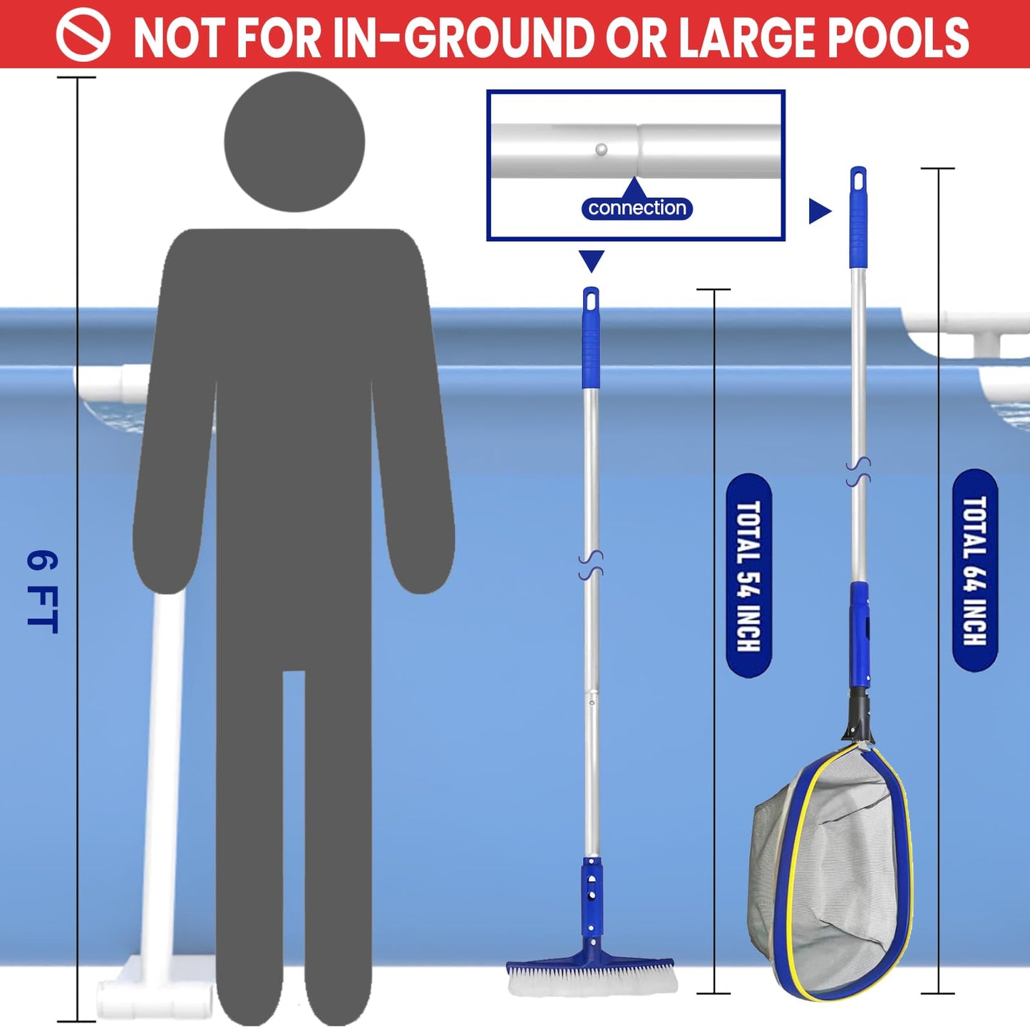 Poolvio Swimming Pool Cleaning Kit, 14'' Brush Head & 50'' Telescopic Aluminum Pole with Fine Mesh Skimmer Net - Perfect for Above Ground Pools, Spas, Hot Tub Fountains Blue (PK0140)