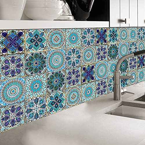 Kakofaci Mandala Style 12 Pcs (6x6 in) Decorative Tile Stickers, Peel and Stick Self Adhesive Removable Moroccan Talavera Tiles Backsplash Waterproof Kitchen Bathroom Furniture Staircase Home Decor