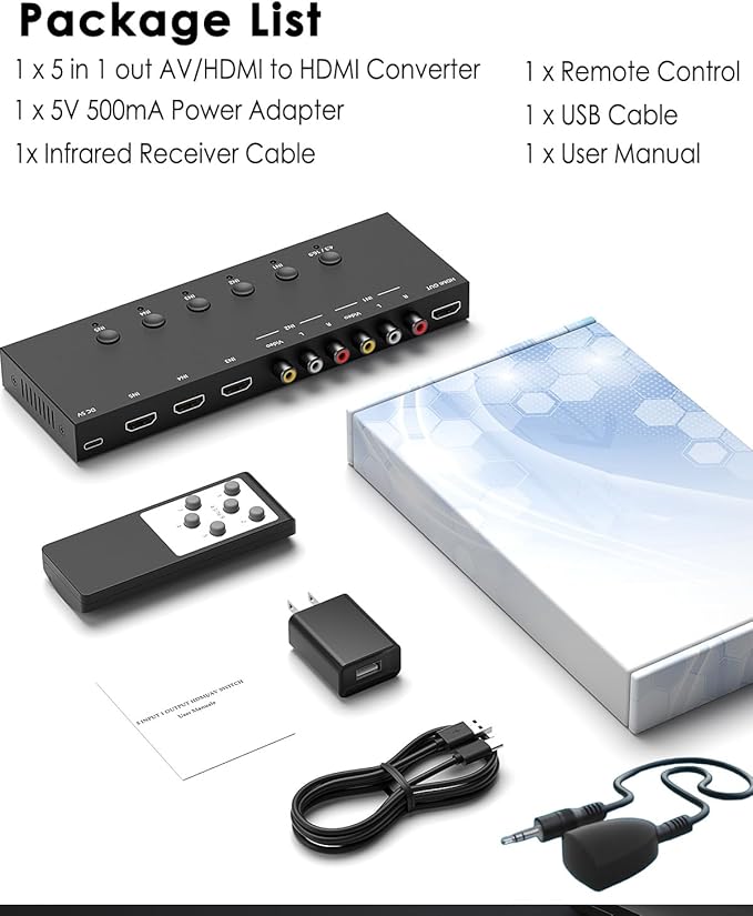 2-in-1 HDMI & AV Switcher – Play PS5 & Retro Games on 1 TV, 3 HDMI 2.0 (4K HDR) + 2 RCA Inputs – Supports Xbox Series X/Switch/Wii/PS2/N64 – HDCP 2.2, 3D, 4:3/16:9 Toggle