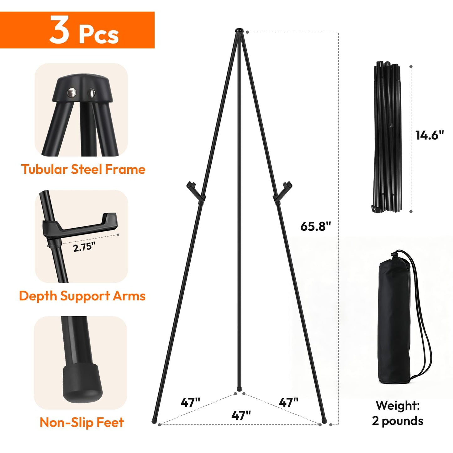 JEAWIWI 3PCS Black Easel Stand for Wedding Sign Stand, 66 Inch Lightweight Adjustable Art Easel for Display, Wedding Sign, Poster, Black Metal Easel with Portable Bags