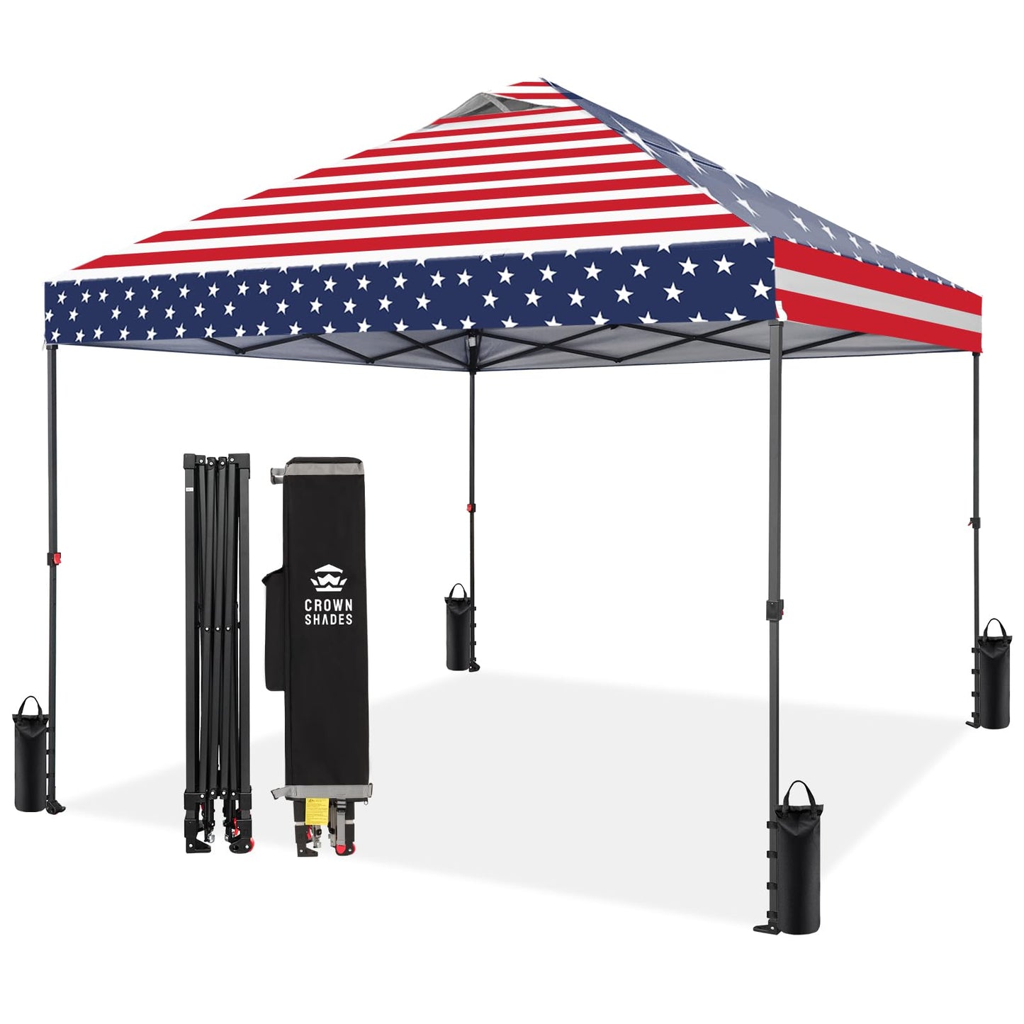 CROWN SHADES 10x10 Pop Up Canopy - Patented Center Lock One Push Instant Outdoor Canopy Beach Tent with STO-N-Go Bag 8 Stakes & 4 Sand Bagsï¼American Flag