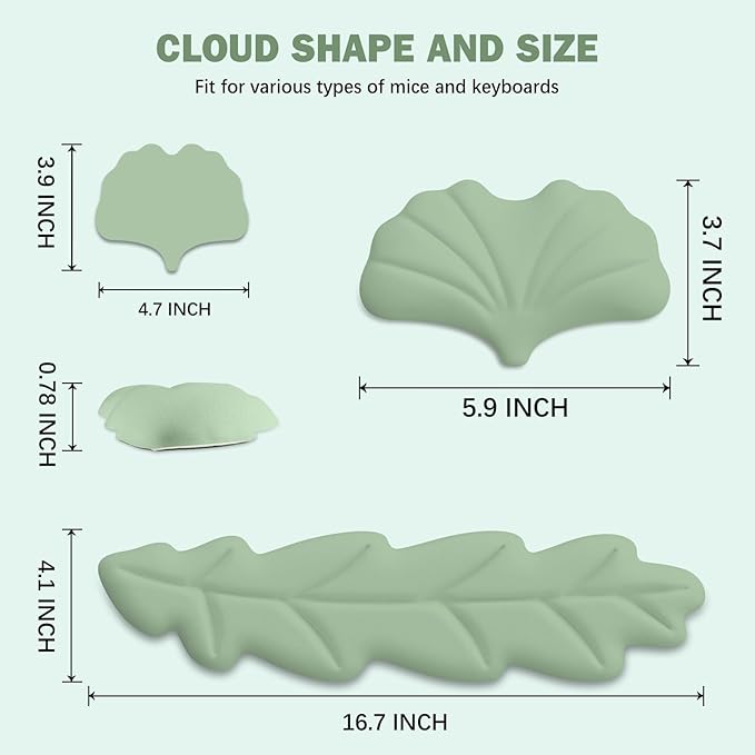 Keyboard Wrist Rest Pad Set, Leaf Shape PU Leather Memory Foam Wrist Cushion Support,Mouse Wrist Rest Pad,Non-Slip Wrist Support for Easy Typing Pain Relief, Green Leaf