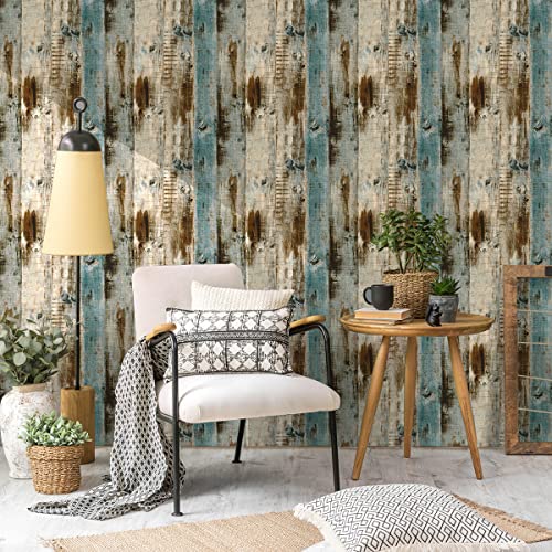 118''x17.7'' Wood Peel and Stick Wallpaper Blue Brown Wood Contact Paper Removable Self Adhesive Faux Rustic Grain Texture Vintage Reclaimed Vinyl Roll Covering